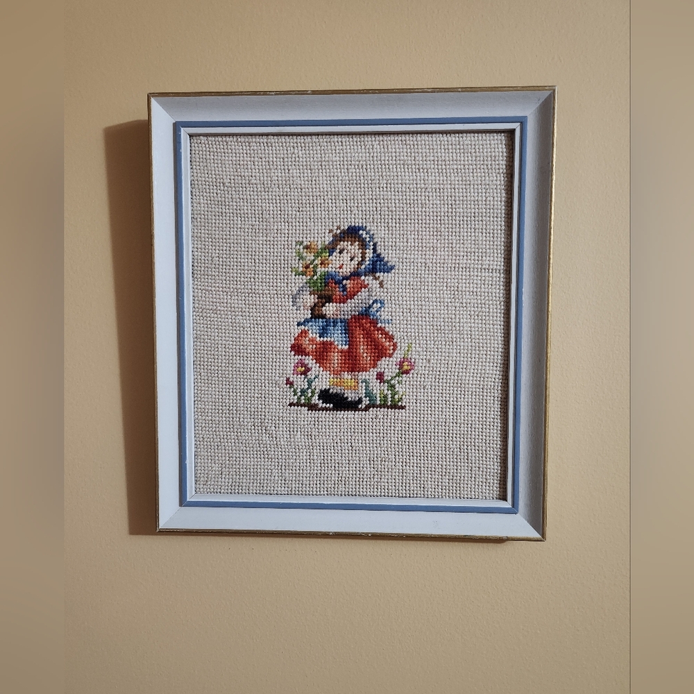 Vintage Completed and Framed Needlepoint Hummel, Girl Holding Flowers